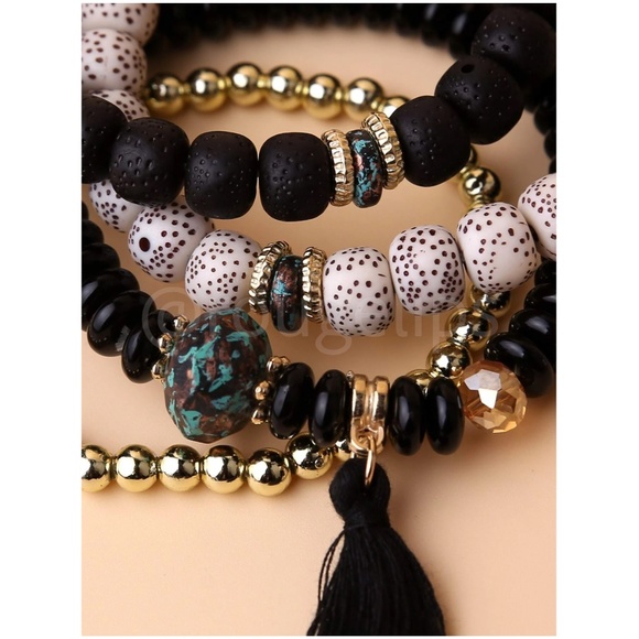 4 Pcs Multicolor Beaded Bracelet Tassel Charm Elastic Black, Beige, Gold - Picture 3 of 4